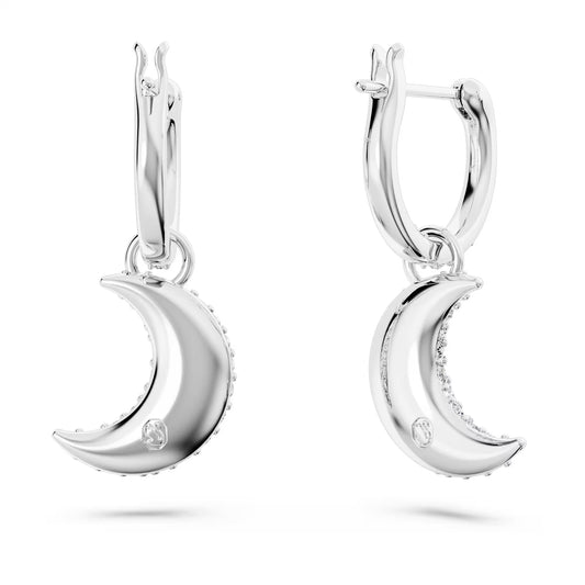 Luna drop earrings, Moon, White, Rhodium plated