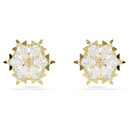 Magic Stud Earrings Mixed cuts, Snowflake, White, 18K Gold Finish