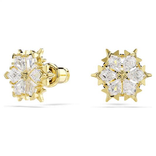 Magic Stud Earrings Mixed cuts, Snowflake, White, 18K Gold Finish
