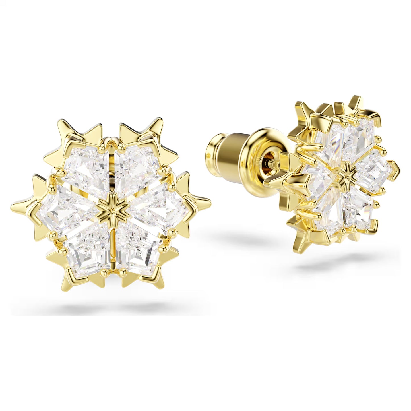 Magic Stud Earrings Mixed cuts, Snowflake, White, 18K Gold Finish