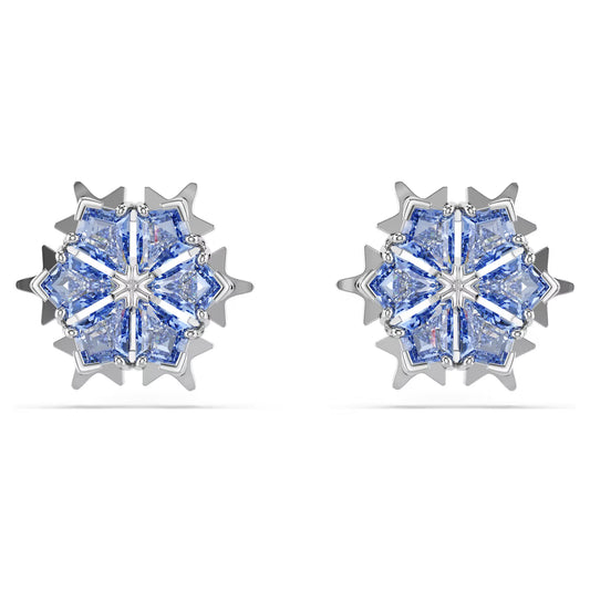 Magic stud earrings, Snowflake, Blue, Rhodium plated