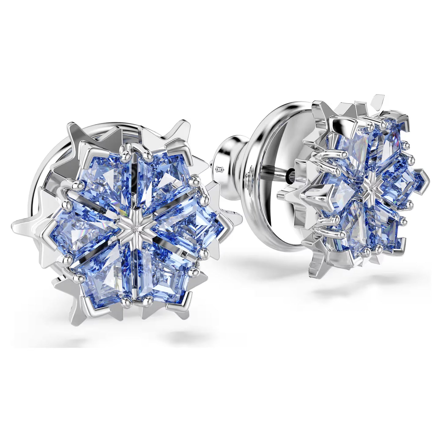 Magic stud earrings, Snowflake, Blue, Rhodium plated