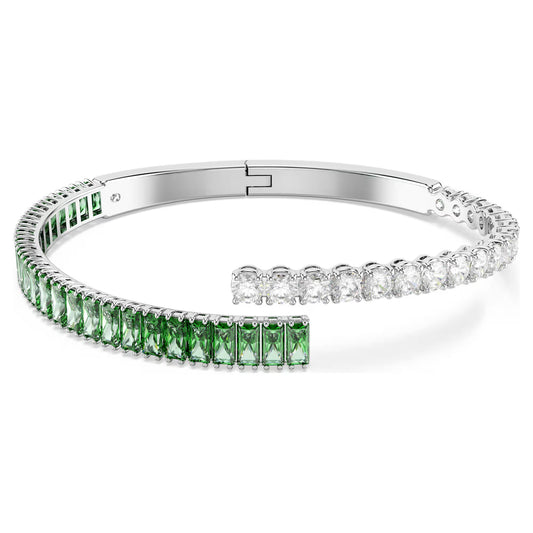 Matrix bangle, Mixed cuts, Green, Rhodium plated, Medium