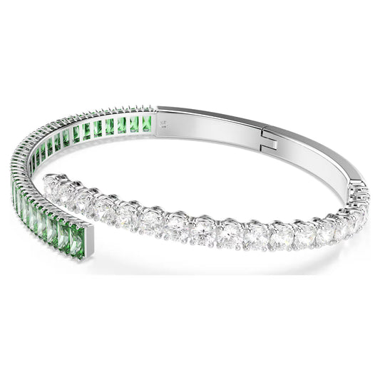 Matrix bangle, Mixed cuts, Green, Rhodium plated, Medium