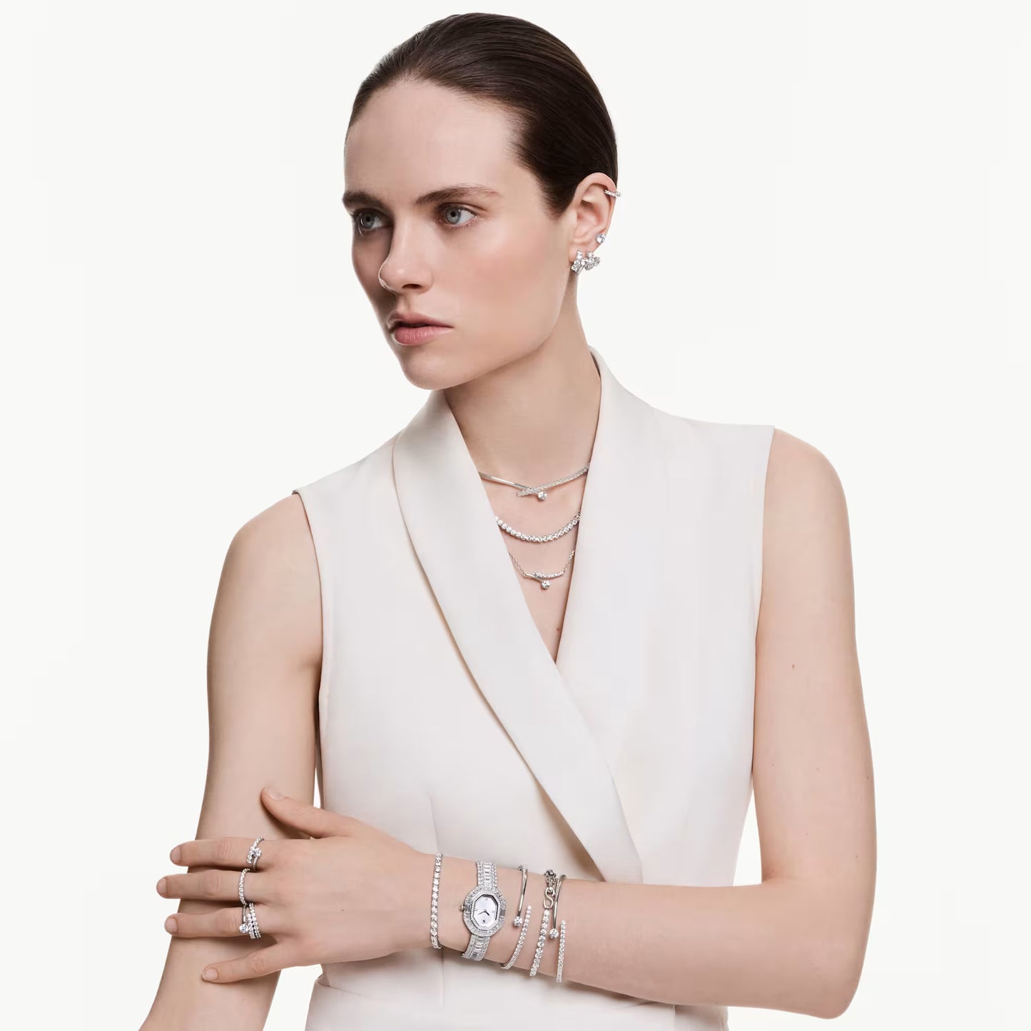 Matrix bangle, Round cut, White, Rhodium plated