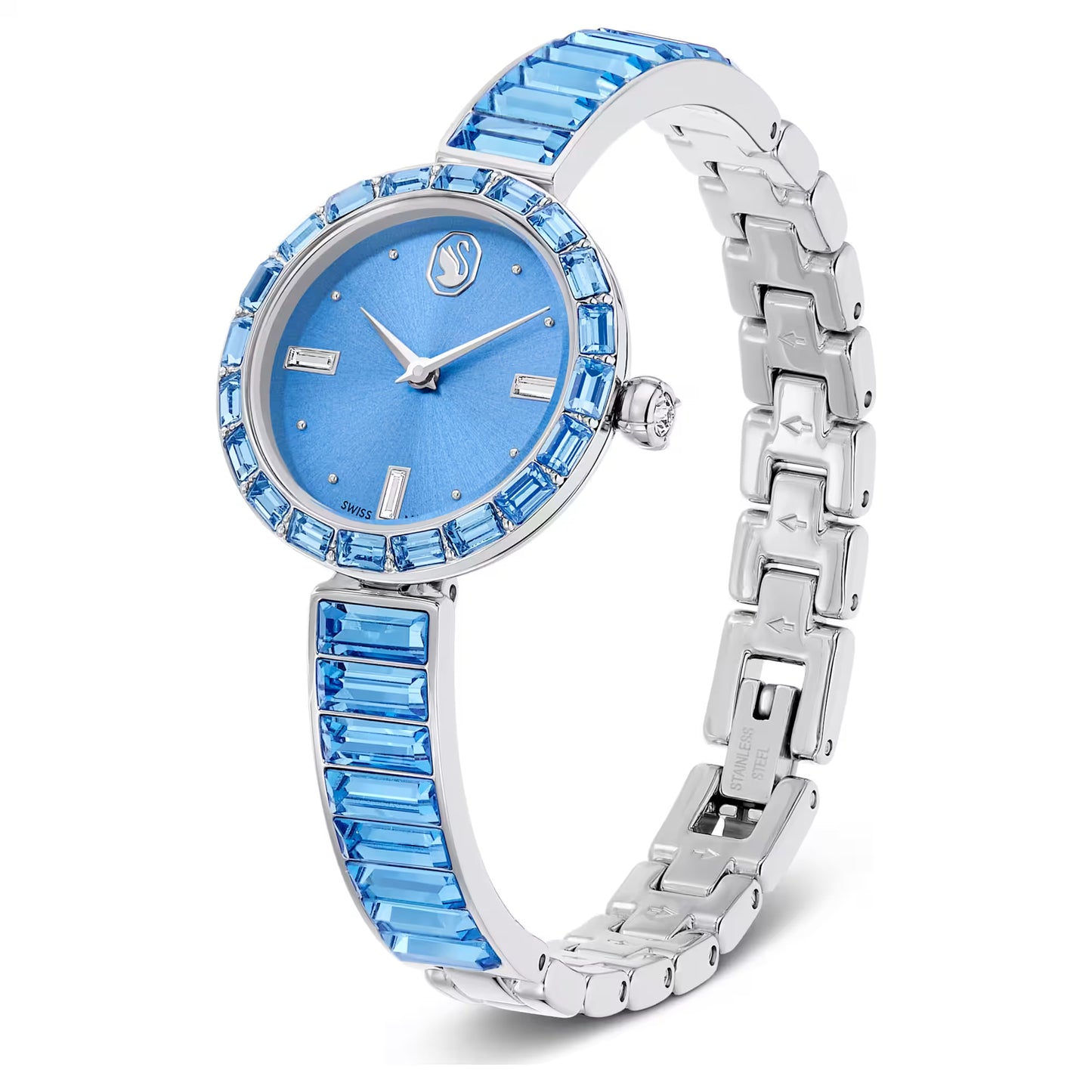 Matrix bangle watch, Swiss Made, Crystal bracelet, Blue, Stainless steel