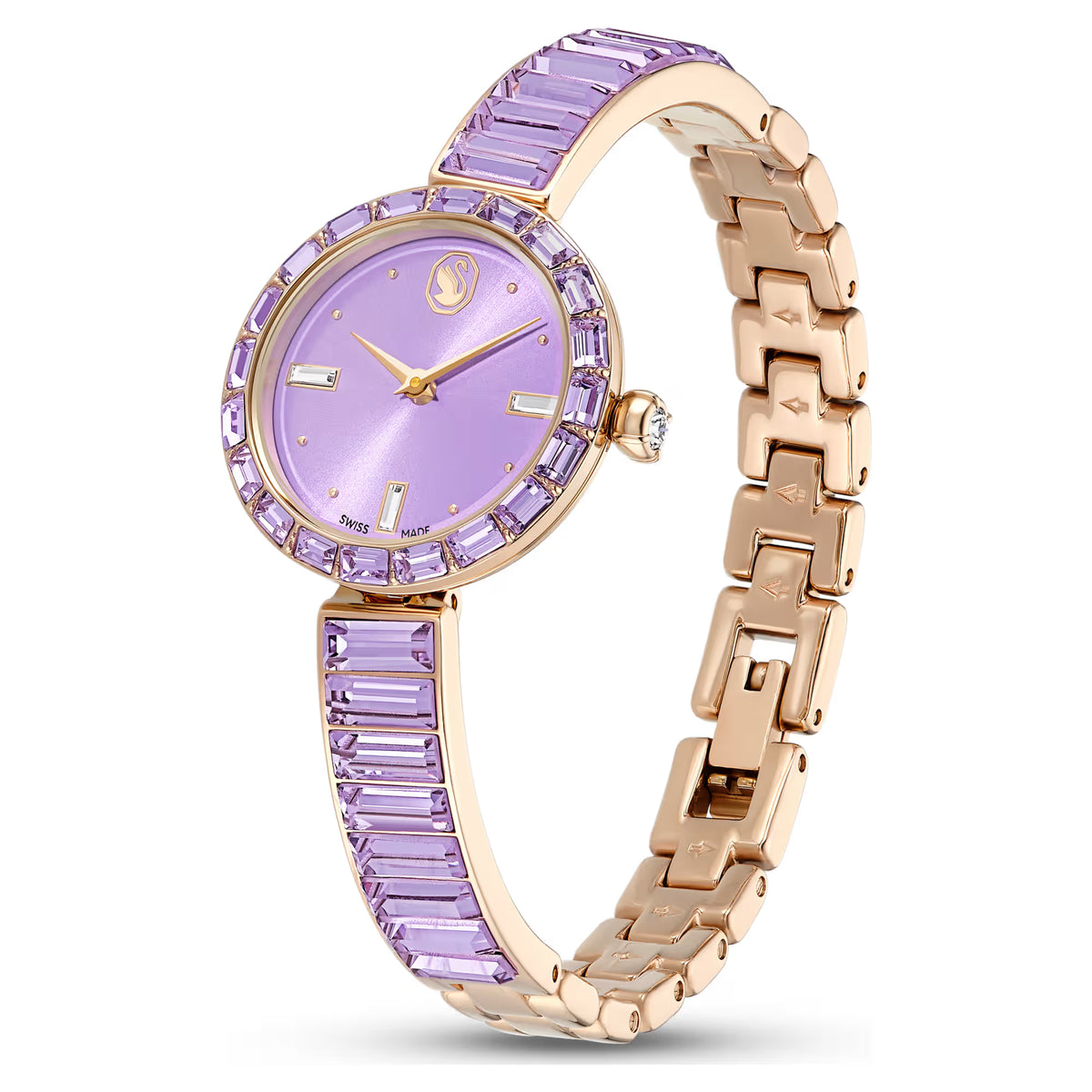 Matrix bangle watch, Swiss Made, Crystal bracelet, Purple, Champagne gold-tone finish