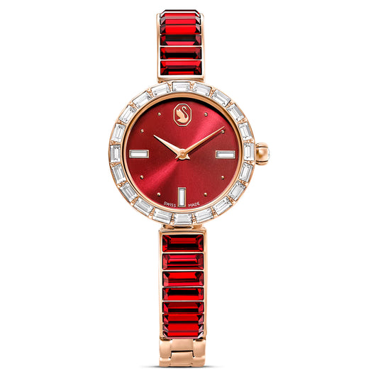 Matrix bangle watch, Swiss Made, Crystal bracelet, Red, Rose gold-tone finish