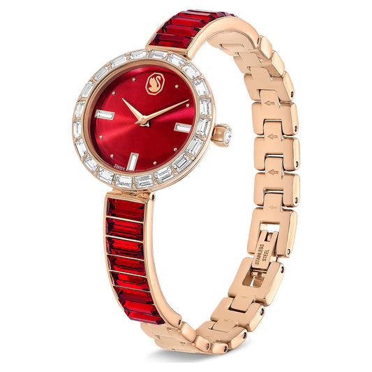 Matrix bangle watch, Swiss Made, Crystal bracelet, Red, Rose gold-tone finish