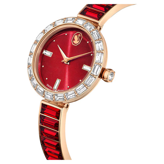 Matrix bangle watch, Swiss Made, Crystal bracelet, Red, Rose gold-tone finish