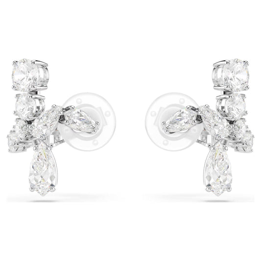 Matrix clip earrings, Mixed cuts, White, Rhodium