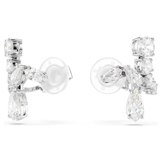 Matrix clip earrings, Mixed cuts, White, Rhodium