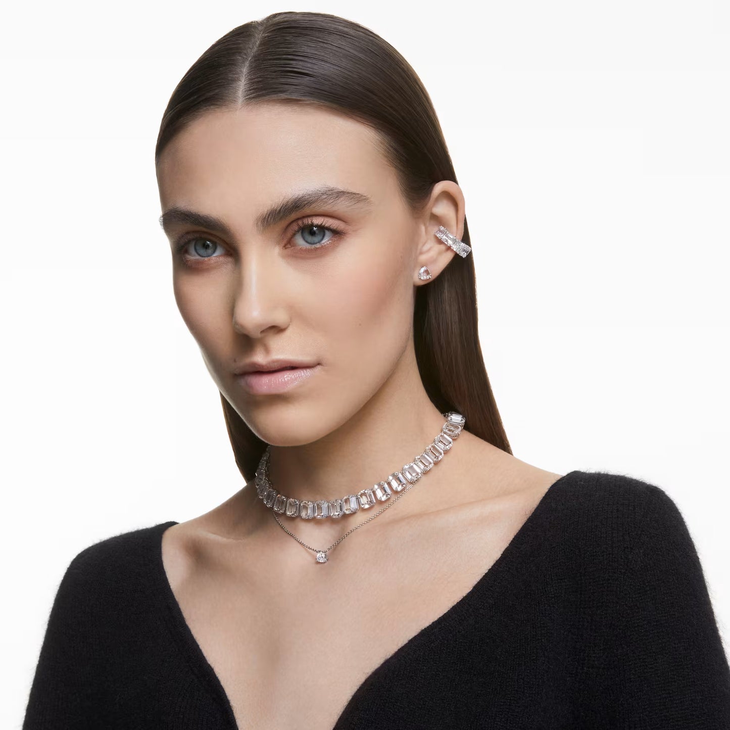 Millenia clip earrings, Square cut, White, Rhodium