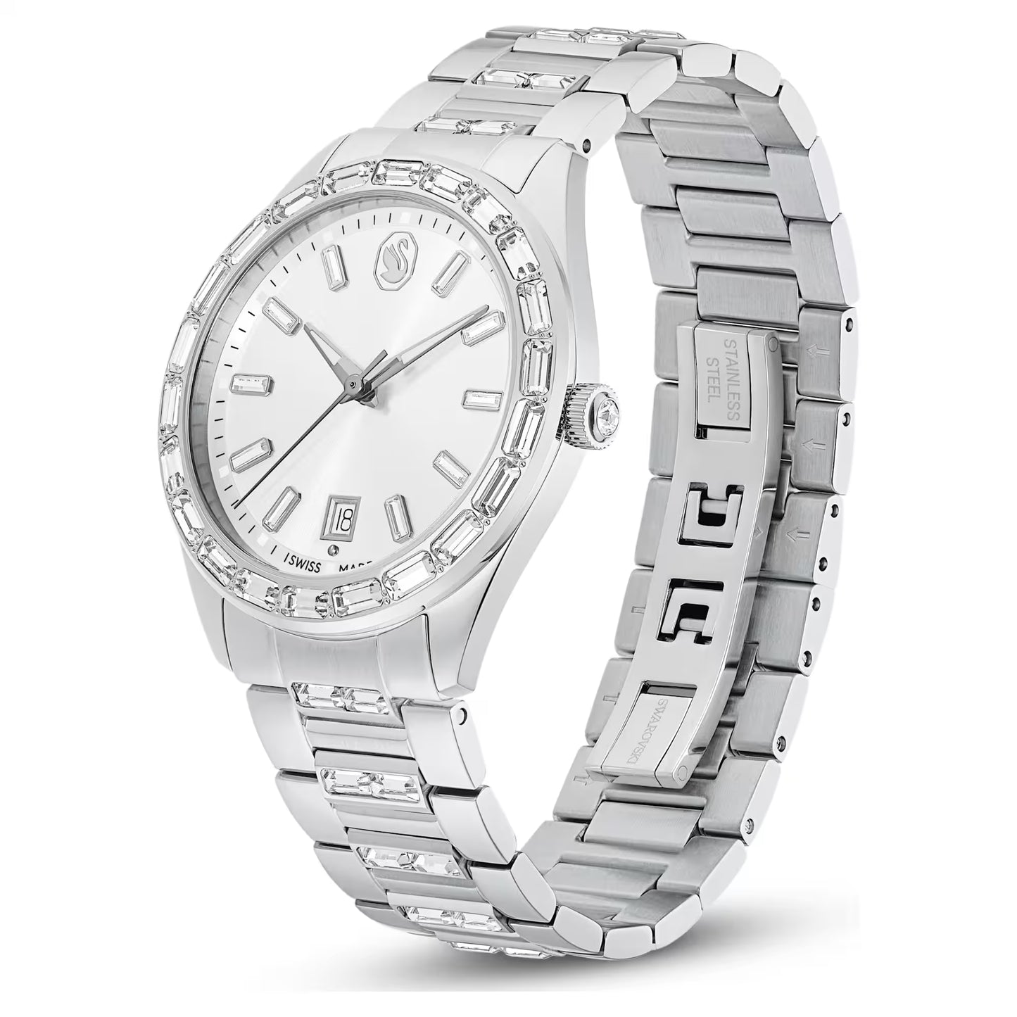 Matrix date watch, Swiss Made, Metal bracelet, Silver Tone, Stainless steel