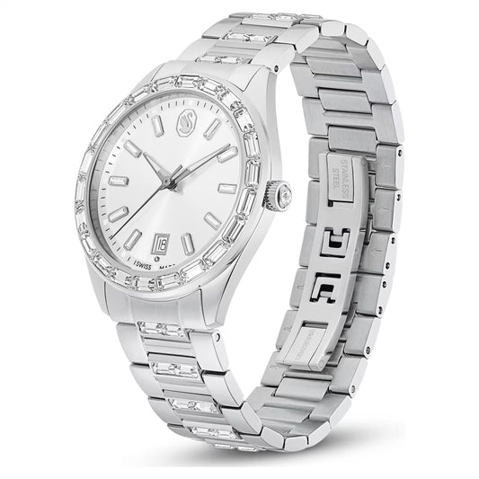 Matrix date watch, Swiss Made, Metal bracelet, Silver Tone, Stainless steel