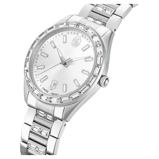 Matrix date watch, Swiss Made, Metal bracelet, Silver Tone, Stainless steel