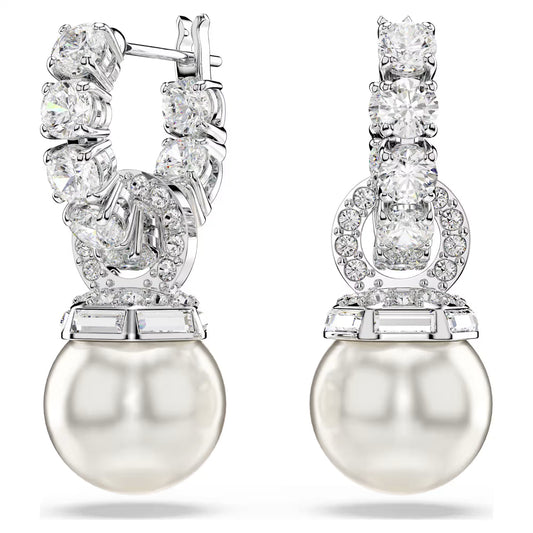 Matrix drop earrings, Crystal pearl, Round cut, White, Rhodium plated