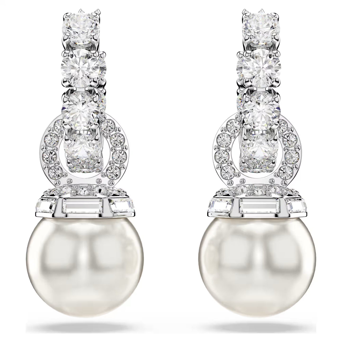 Matrix drop earrings, Crystal pearl, Round cut, White, Rhodium plated