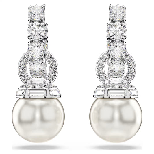 Matrix drop earrings, Crystal pearl, Round cut, White, Rhodium plated