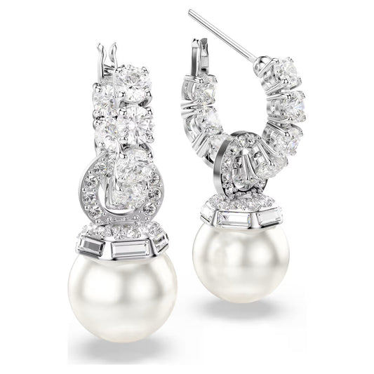 Matrix drop earrings, Crystal pearl, Round cut, White, Rhodium plated