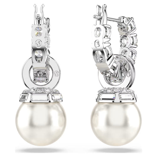 Matrix drop earrings, Crystal pearl, Round cut, White, Rhodium plated