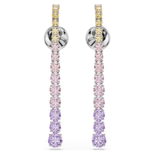 Matrix drop earrings, Gradient of round cuts, Multicoloured, Rhodium plated