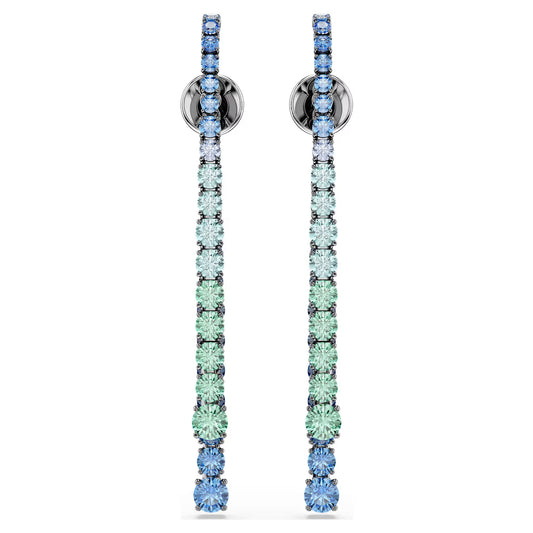 Matrix drop earrings, Gradient of round cuts, Multicoloured, Ruthenium plated