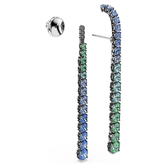 Matrix drop earrings, Gradient of round cuts, Multicoloured, Ruthenium plated