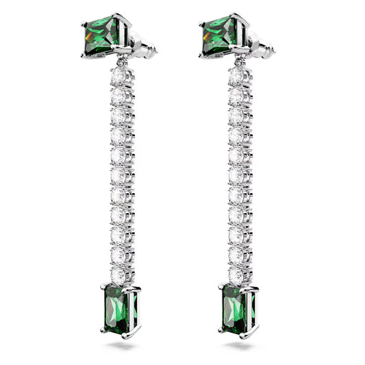 Matrix drop earrings, Mixed cuts, Green, Rhodium