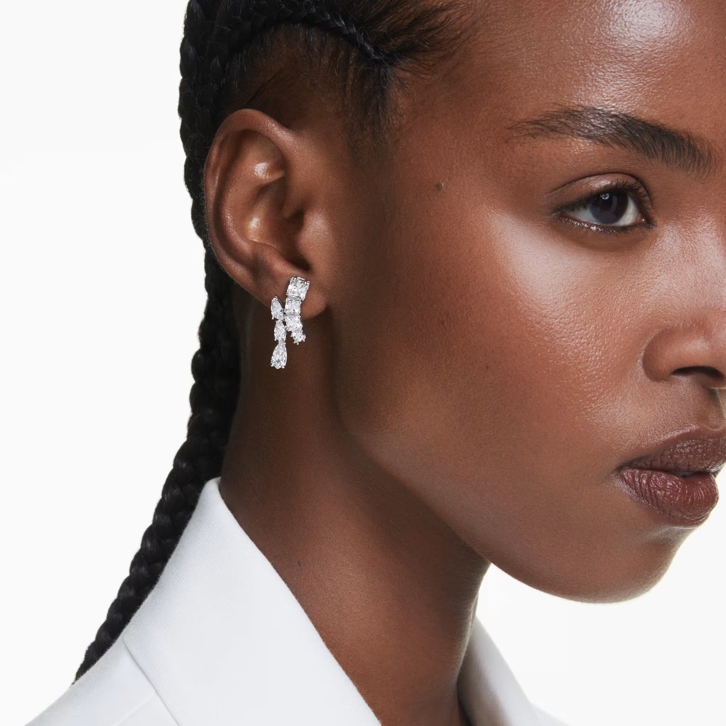 Matrix drop earrings, Mixed cuts, White, Rhodium