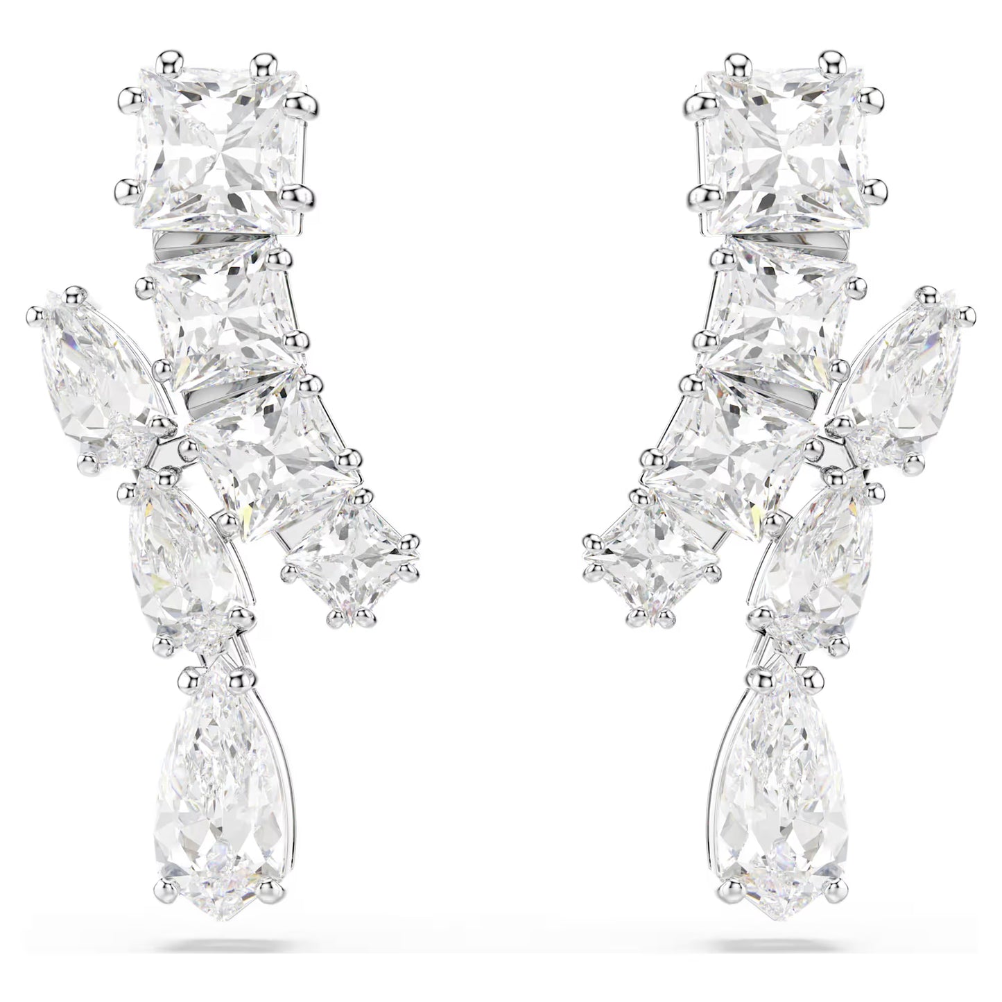Matrix drop earrings, Mixed cuts, White, Rhodium