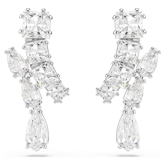 Matrix drop earrings, Mixed cuts, White, Rhodium
