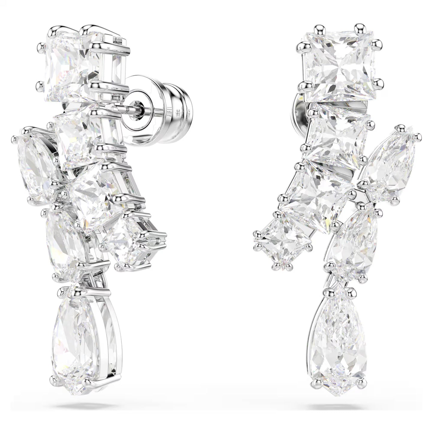 Matrix drop earrings, Mixed cuts, White, Rhodium