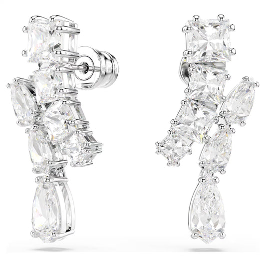 Matrix drop earrings, Mixed cuts, White, Rhodium