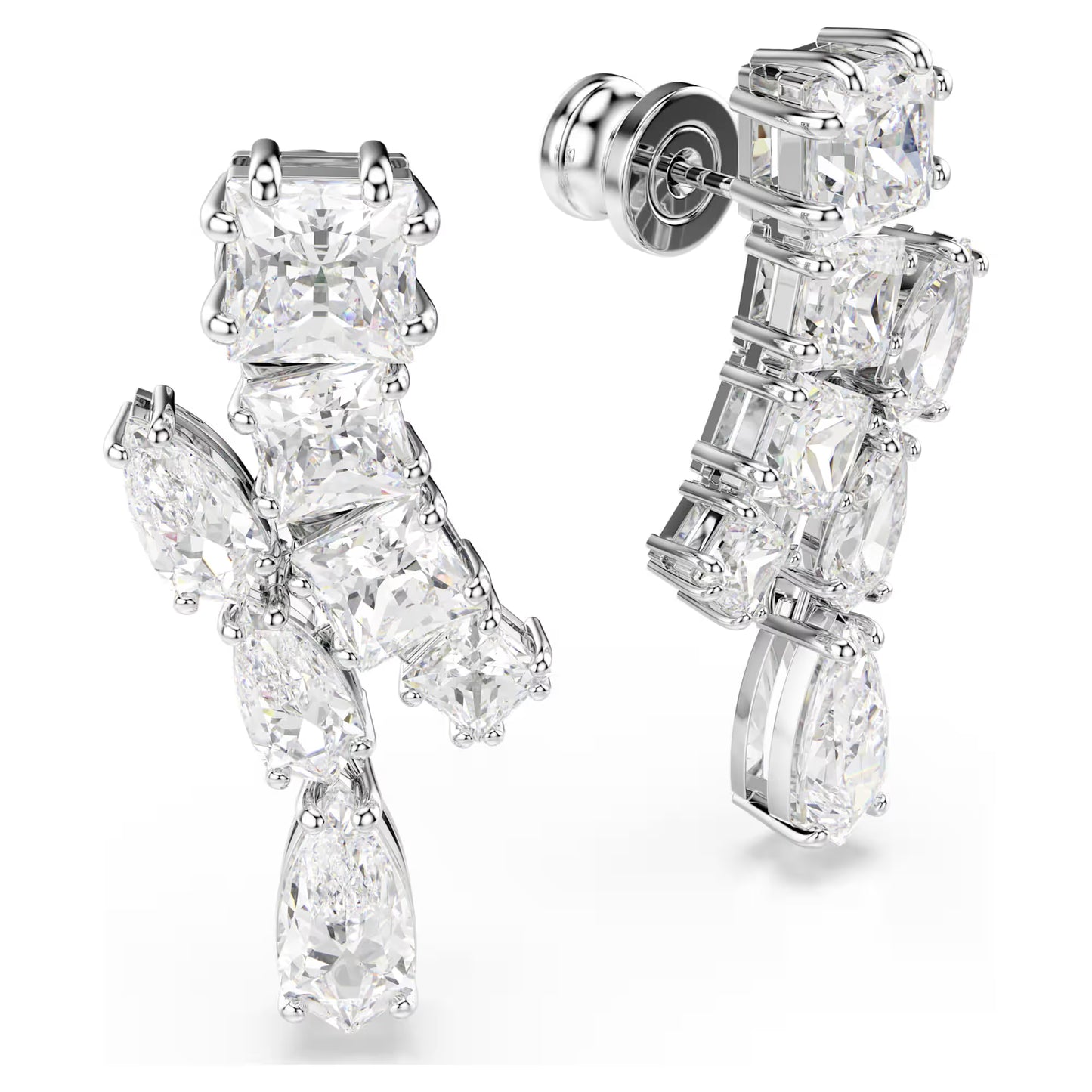 Matrix drop earrings, Mixed cuts, White, Rhodium