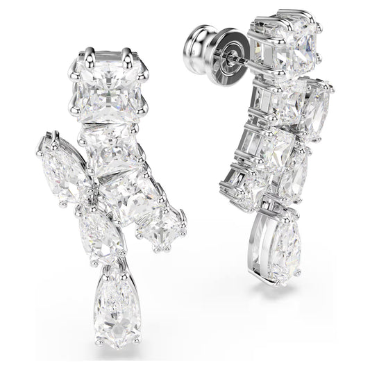 Matrix drop earrings, Mixed cuts, White, Rhodium