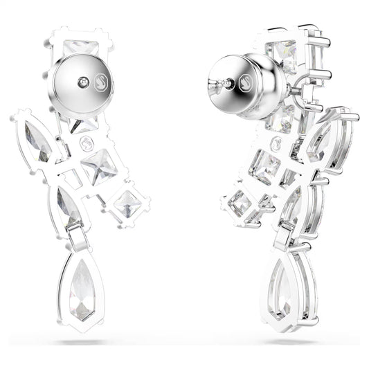 Matrix drop earrings, Mixed cuts, White, Rhodium