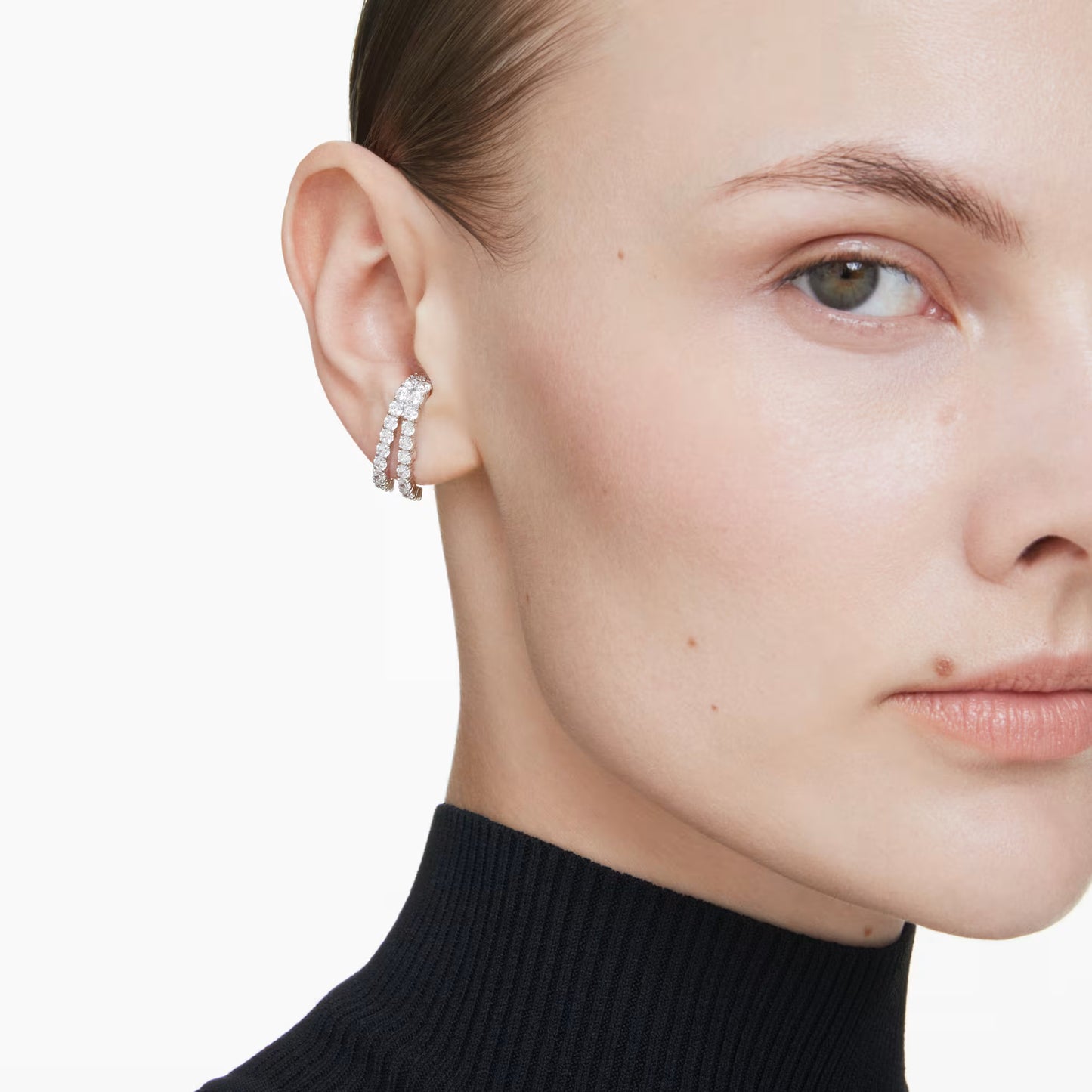 Matrix ear cuffs, Round cut, White, Rhodium