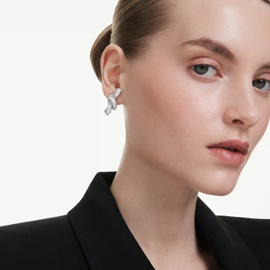 Matrix earrings, Baguette cut, Knot, White, Rhodium plated