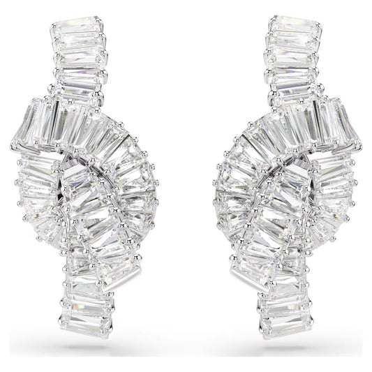 Matrix earrings, Baguette cut, Knot, White, Rhodium plated