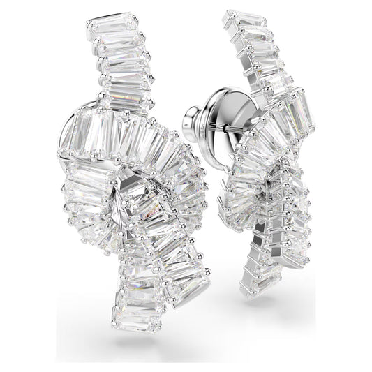 Matrix earrings, Baguette cut, Knot, White, Rhodium plated