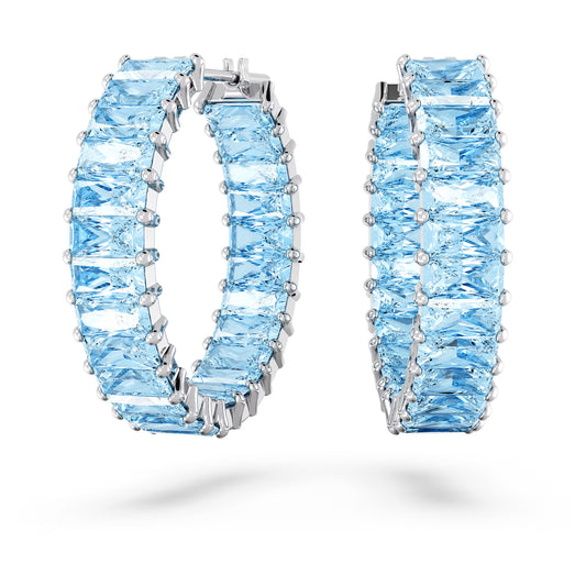 Matrix hoop earrings, Baguette cut, Blue, Rhodium
