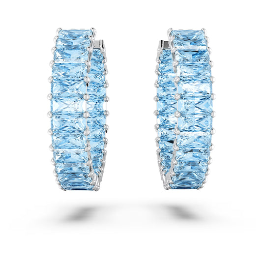 Matrix hoop earrings, Baguette cut, Blue, Rhodium