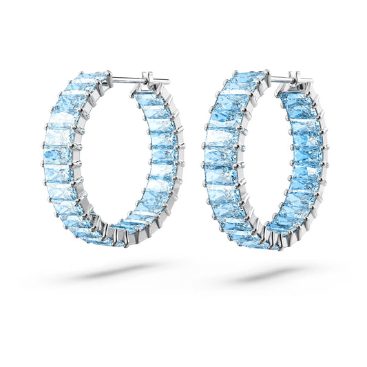 Matrix hoop earrings, Baguette cut, Blue, Rhodium