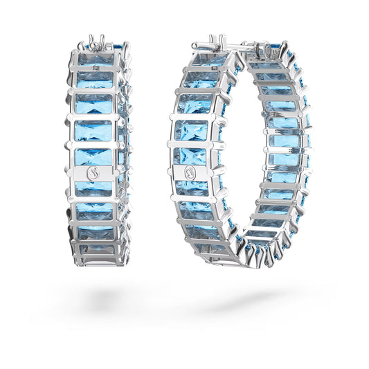 Matrix hoop earrings, Baguette cut, Blue, Rhodium