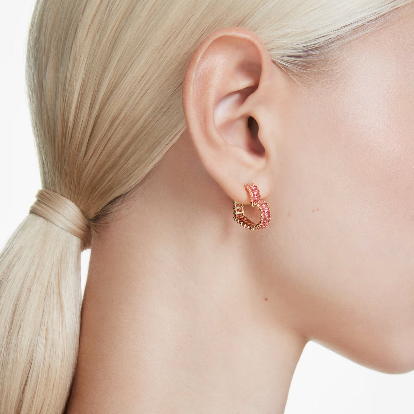 Matrix hoop earrings, Baguette cut, Heart, Pink,