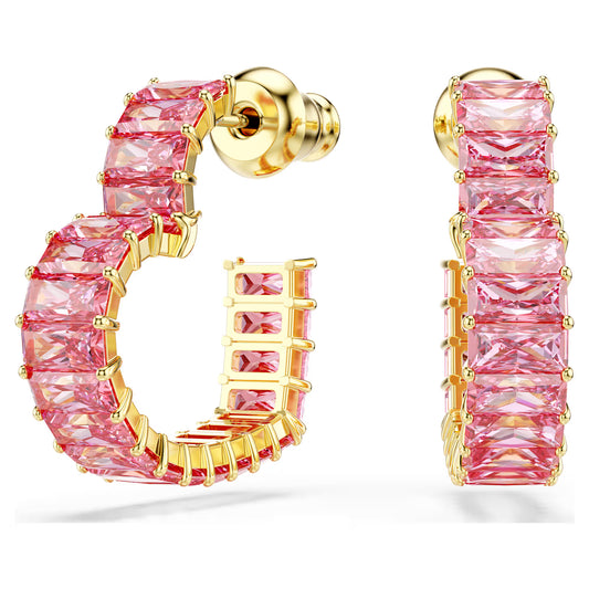 Matrix hoop earrings, Baguette cut, Heart, Pink,