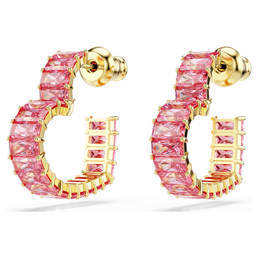Matrix hoop earrings, Baguette cut, Heart, Pink,