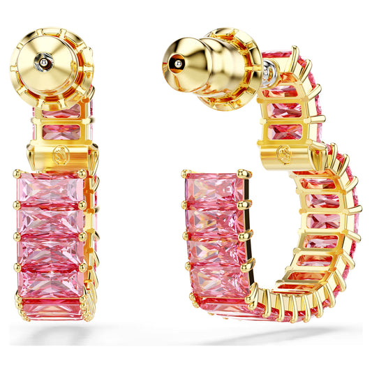 Matrix hoop earrings, Baguette cut, Heart, Pink,