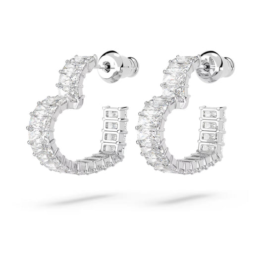 Matrix hoop earrings, Baguette cut, Heart, Small, White, Rhodium plated
